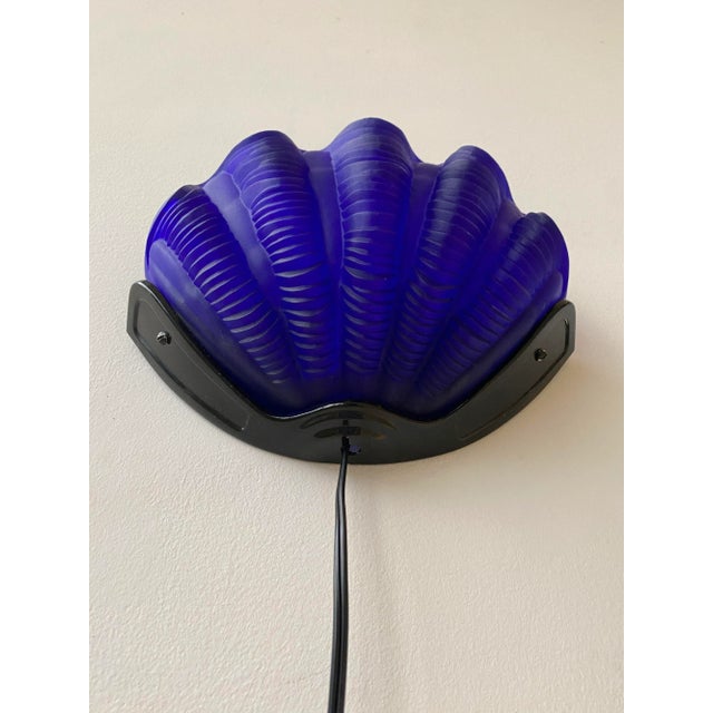 Vintage Sarsaparilla Cobalt Hand-Blown Glass Clam Shell Sconces, A Pair, Circa 1980s. Art Deco inspired, these lamps...