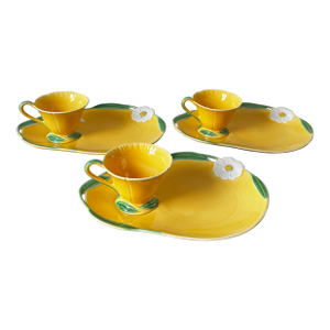 Vintage Vallona Starr California Snack Set, Yellow Floral Luncheon Plates & Cups (Set of 3), 1940s–50s