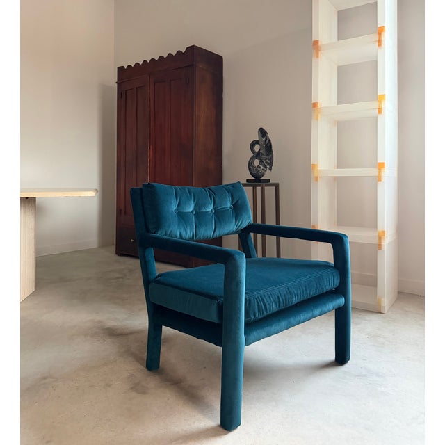 Textile Pair Re-Upholstered Emerald Green Velvet Parsons Lounge Chairs Milo Baughman For Sale - Image 7 of 18