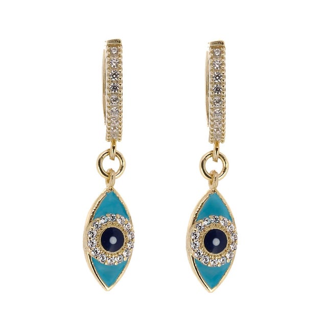 Turquoise Sparkly Evil Eye Gold Plated Earrings, A Pair For Sale In Miami - Image 6 of 6