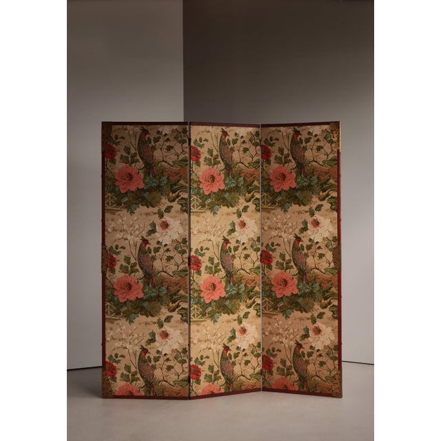 Vintage Scandinavian Chinoiserie Wood and Printed Fabric Room Divider For Sale - Image 3 of 18