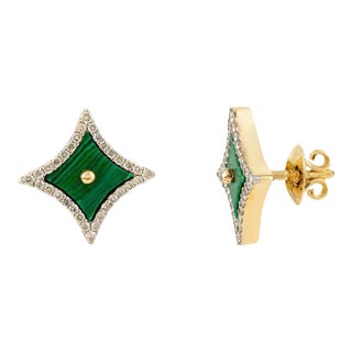 18k Yellow Gold 5.241ct Malachite Diamond Sparkle Stud Earrings by VRJewels- A Pair For Sale