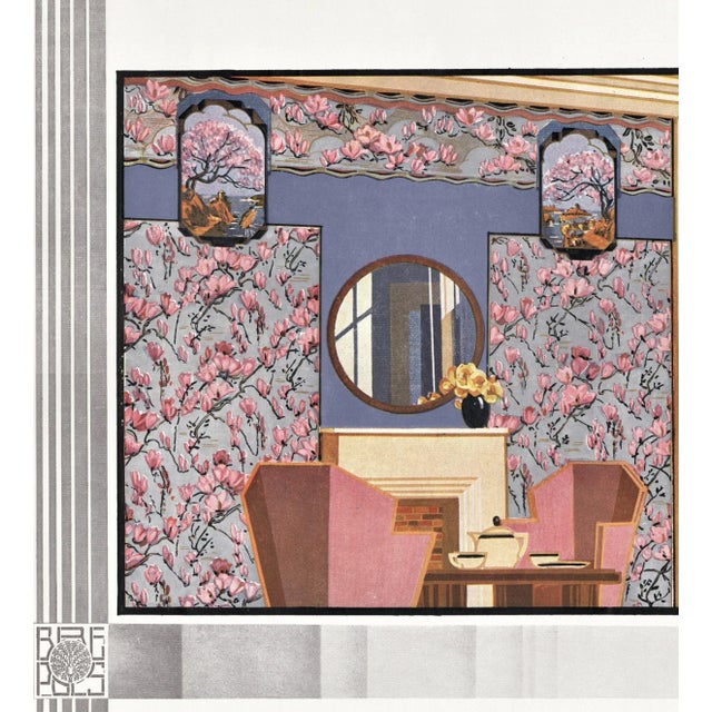 This is a French Art Deco 1931 print that came from an unbound album of interior room wall paper designs. It features the...
