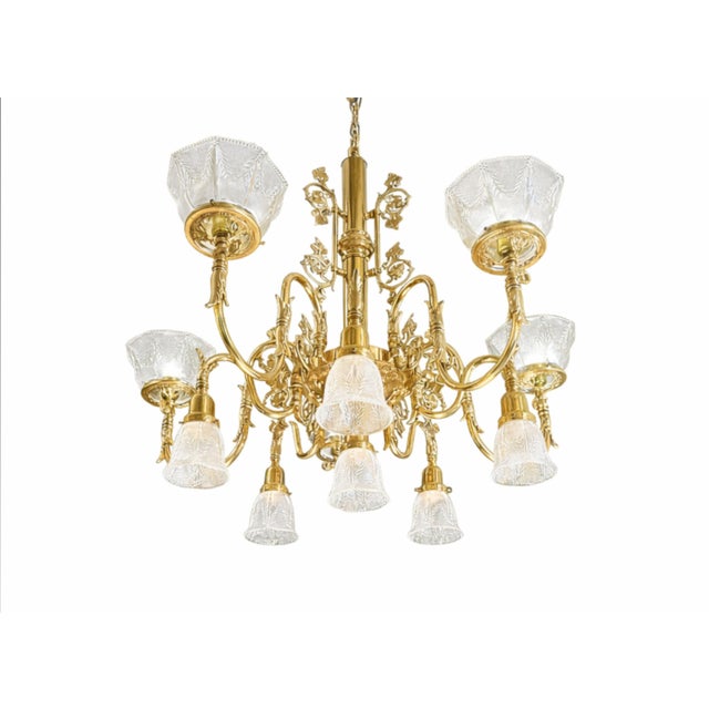 Vintage Brass 2-Up 2-Down Chandelier, Etched Glass Shades, Victorian Revival Lighting Fixture For Sale - Image 16 of 18