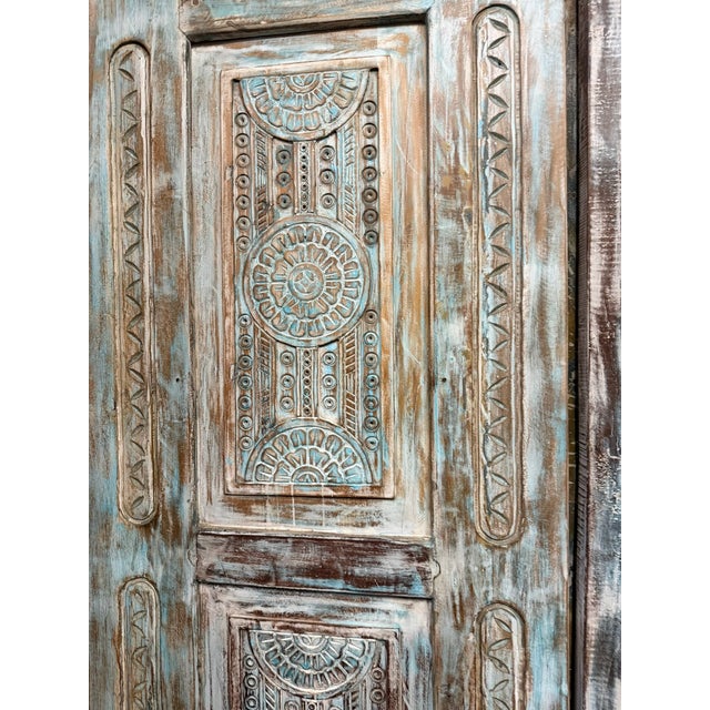 1920s Antique Carved Wooden Door in Distressed Blue | Floral Indian Bedroom Entry Doors 96x31.5 For Sale - Image 5 of 10