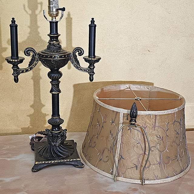 Vintage Victorian Candelabra Table Lamp – Ornate Metalwork & Embroidered Shade, 30” For Sale - Image 17 of 18