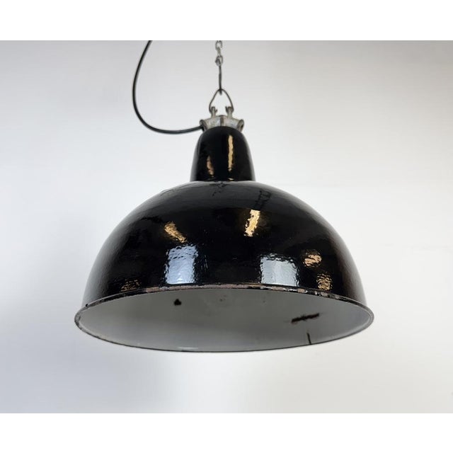 Black Industrial Black Enamel Factory Lamp with Cast Iron Top, 1950s For Sale - Image 8 of 16
