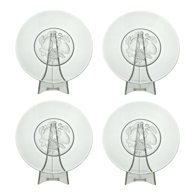 Mid 20th Century Val Saint Lambert Crystal Salad Plate With Frosted Intaglio Design of Fruits Signed - Set of 4 For Sale