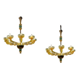 Amber and Emerald Chandelier with Twelve Arms in Hand Blown Glass, 1970s, Set of 2 For Sale