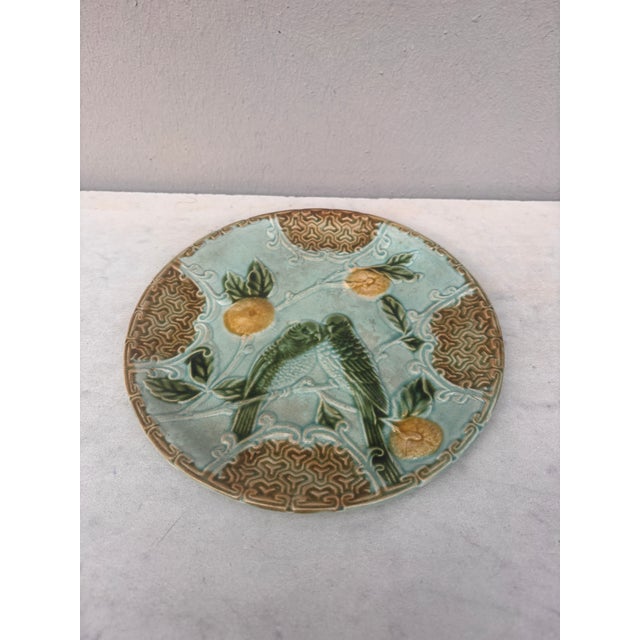 Majolica plate two parakeets on a blue background with oranges signed Salins, circa 1890.