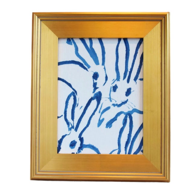 Wood 21st Century Framed Hunt Slonem Blue & White Bunny Hutch Fabric Textile With Gold Frame For Sale - Image 7 of 9