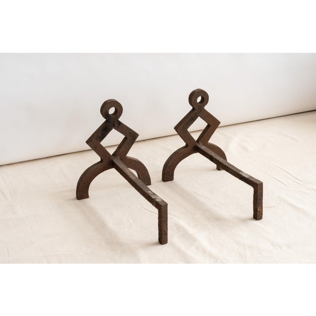 Early 20th Century Geometric Modernist Iron Andirons - a Pair For Sale In Boston - Image 6 of 7