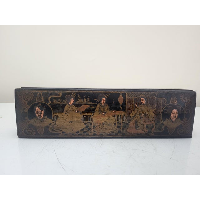 Gold Chinese Hand Painted Gold Wood Female Figural Lacquer Calligraphy Pencil Box For Sale - Image 8 of 11