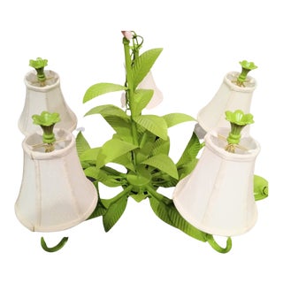 Vintage Bright Lime Green 5 Light Palm Beach Regency Palm Leaf Chandelier For Sale