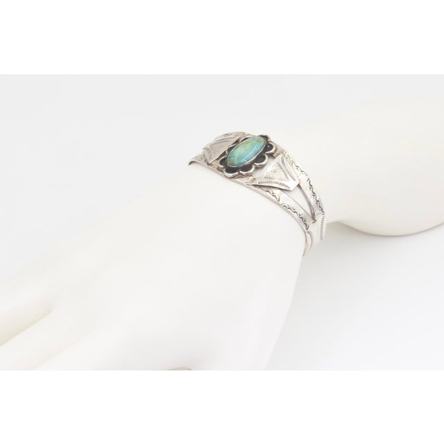 Mid 20th Century Native American Style Turquoise Sterling Silver Cuff Bracelet With Old Pawn Marks For Sale - Image 9 of 10