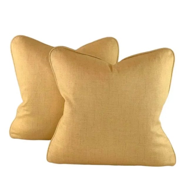 Contemporary Designer P Kaufmann Waverly Gold Solid Faux Linen Texture Pillow Covers- a Pair For Sale - Image 4 of 4