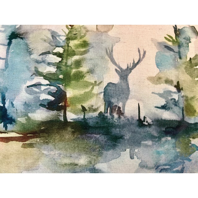 Cabin Large Bolster Pillow Decorated With a Serene Water Color Look Forest, Deer and Reflective Lake Scene - Made in the U K For Sale - Image 3 of 12