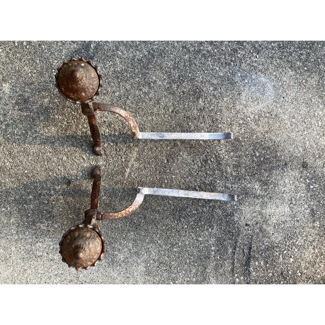 Antique Patinated Chippendale Ball Wrought Iron Fire Dogs- a Pair For Sale - Image 6 of 9