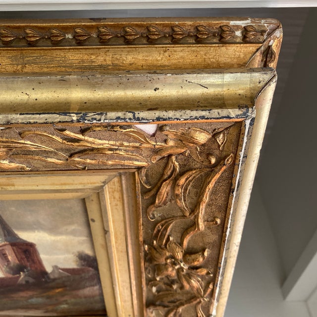 Textile 19th Century Scenic Oil on Canvas in Ornate Distressed Gold Gilt Frame - Signed For Sale - Image 7 of 12