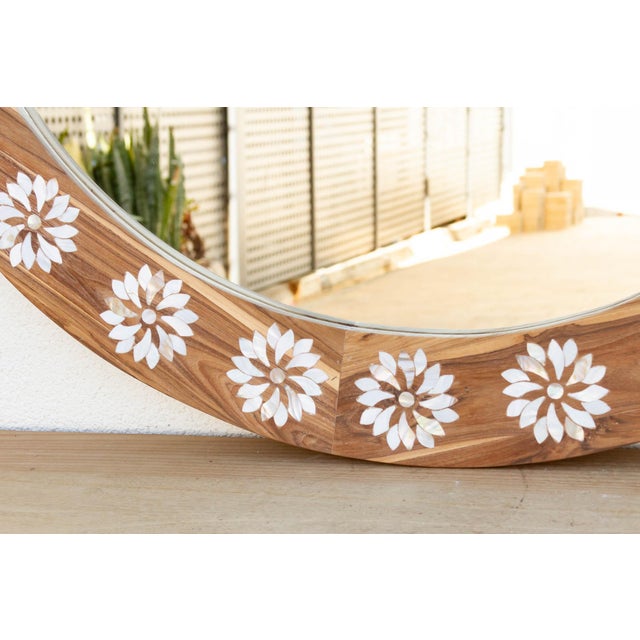 Large Teak Mother of Pearl Inlay Round Mirror For Sale - Image 4 of 8