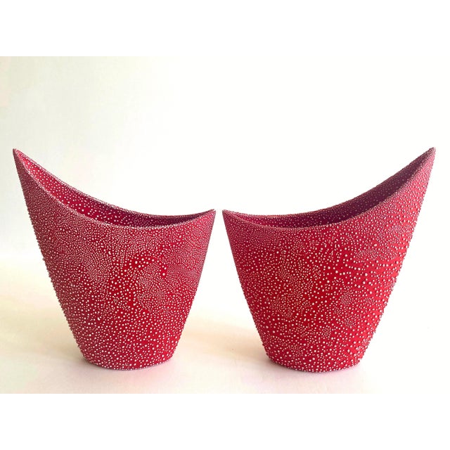 This pair of two vintage 1990's Postmodern crescent ellipse dotted texture asymmetrical ceramic vases is a very special...