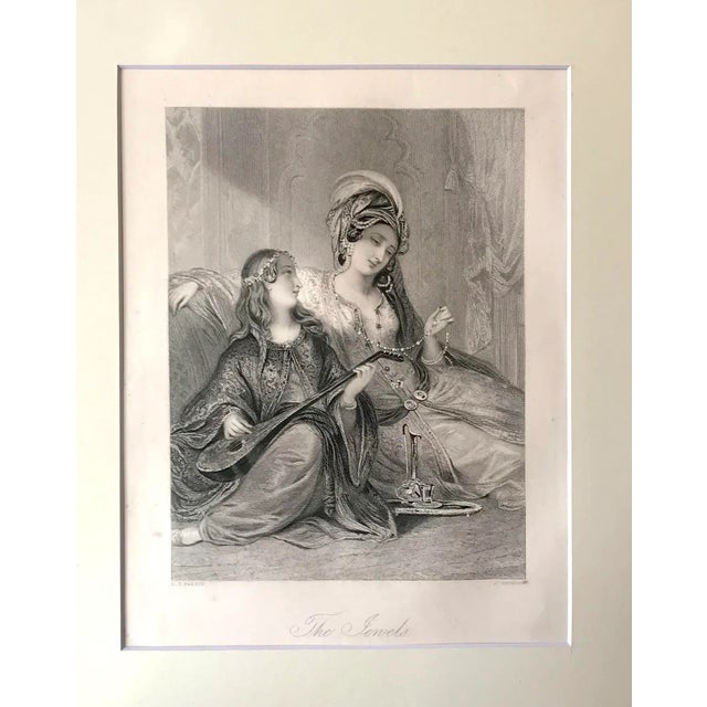 A beautiful antique Victorian Era print of two beautiful middle eastern women titled "The Jewels" 19th century engraving....