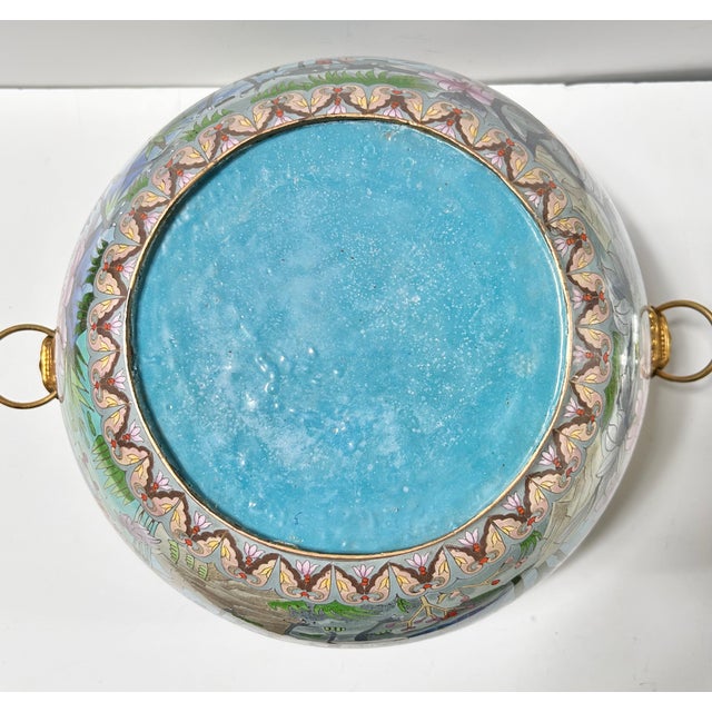 1960s Monumental Handcrafted Cloisonné Enamel Jardiniere With Cranes, Blossoms & Lion Head Handles For Sale - Image 9 of 18