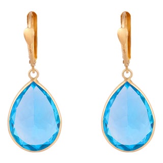 Vintage 25.20 Carat Blue Topaz 14k Yellow Gold Drop Earrings, A Pair For Sale