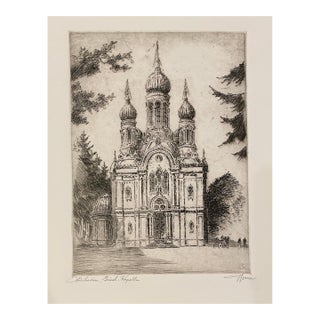 1960s Wiesbaden Germany St Elizabeth's Church Etching For Sale