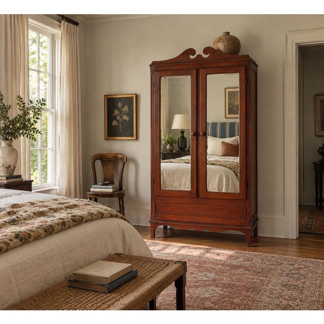 This antique wardrobe armoire features mirrored doors beneath a shaped scroll crest, all finished in a warm red-brown...