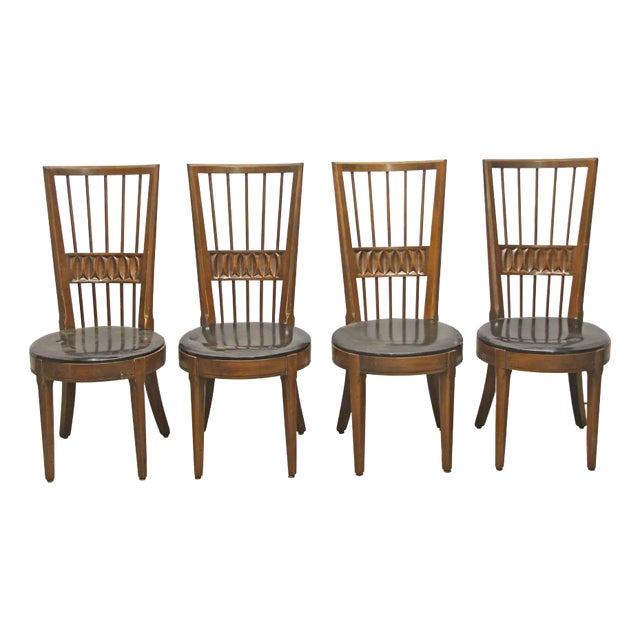 Set of Four Modern Carved Dining Chairs With Spindle Back For Sale