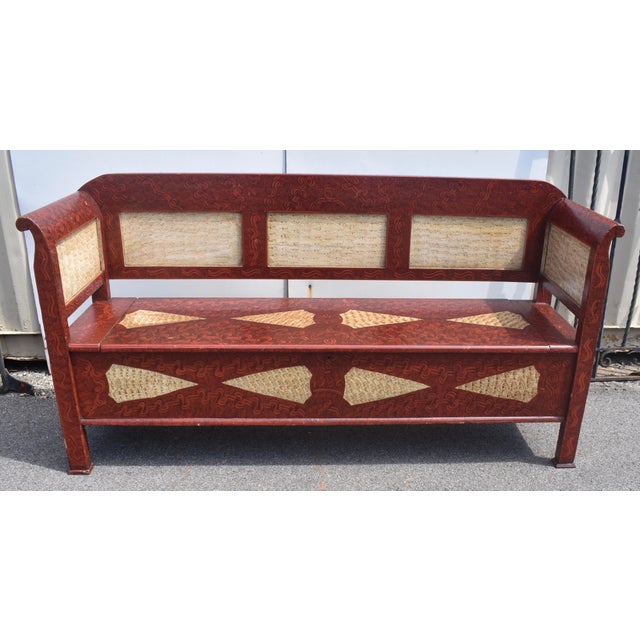 Folk Art Pine and Oak Storage Bench in Decorative Paint For Sale - Image 3 of 13
