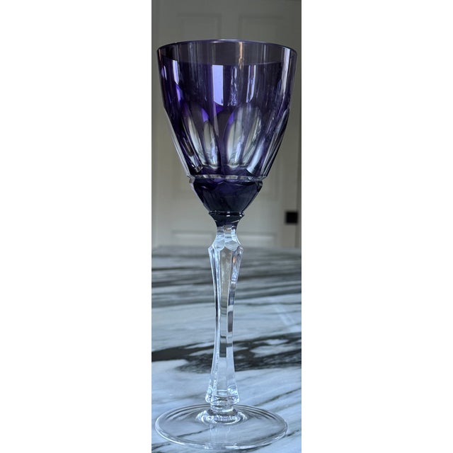 Contemporary Kusak Glassworks Amethyst Cut to Clear Tall Wine Goblet - Set of 9 For Sale - Image 3 of 9