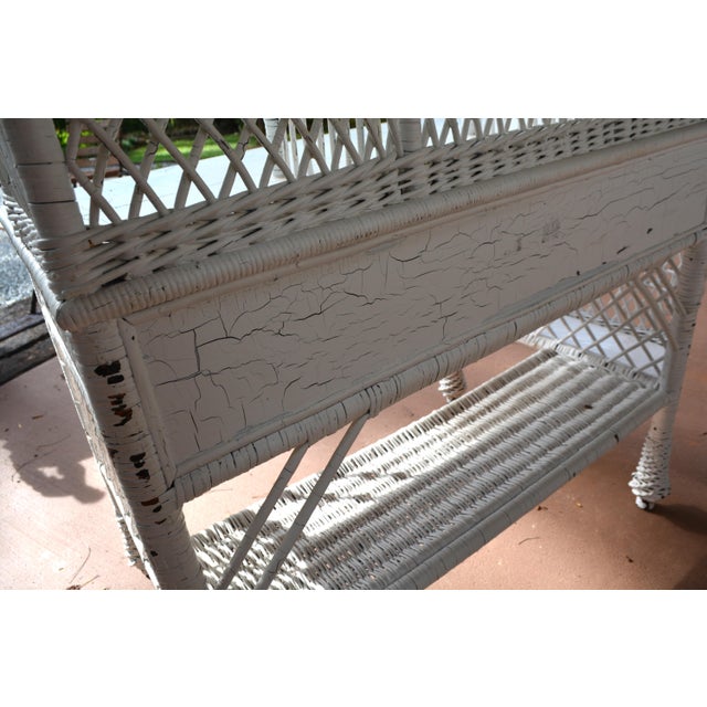 Vintage White Wicker Writing Desk W/ Drawer / Side Basket & Cubbies / Shelves For Sale - Image 12 of 18