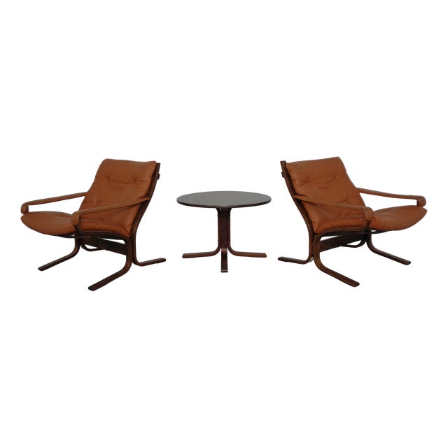 Mid-Century Modern Siesta Table and Leather Chairs by Ingmar Relling for Westnofa, Norway, 1960s, Set of 3 For Sale