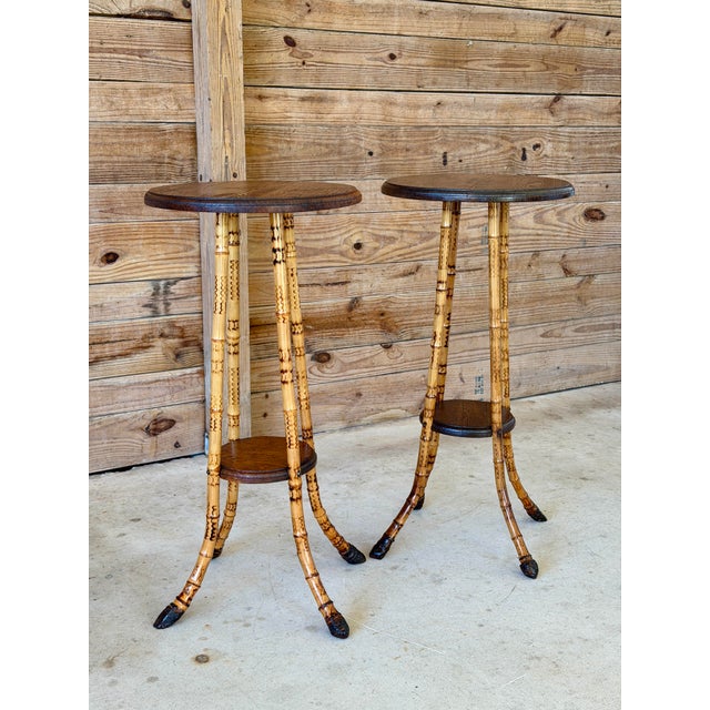 Pair of Victorian Scorched Bamboo Plant Stands With Bamboo Root Feet For Sale - Image 4 of 12