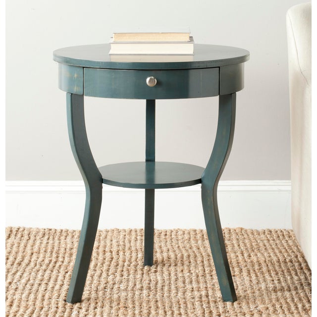 Round Pedestal End Table & Drawer in Steel Teal For Sale - Image 4 of 5