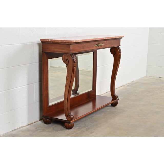 Ethan Allen French Empire Carved Cherry Wood Marble Top Console Table With Mirrored Back For Sale - Image 14 of 14