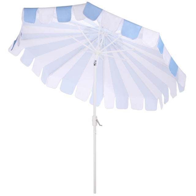 Metal Meze 9 Ft Crank Umbrella, Baby Blue Cabana Stripe/White Pole For Sale - Image 7 of 9