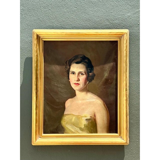 Vintage Oil Portrait of Woman in Gold Dress For Sale - Image 16 of 18