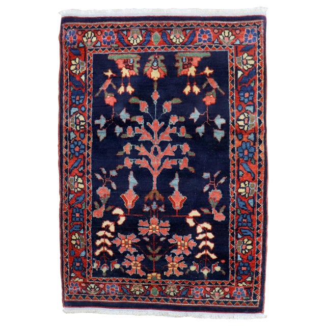 Early 20th Century Early 20th Century Jewel Tone Navy Fine Sarouk Scatter Mini Rug - 1'10" x 2'7" For Sale - Image 5 of 18