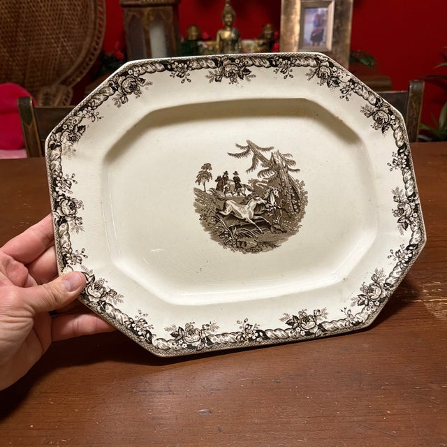 Antique Staffordshire Brown Transferware Oval Platter, Wild Horse Hunt Scene, Circa 1860s A handsome and decoratively...