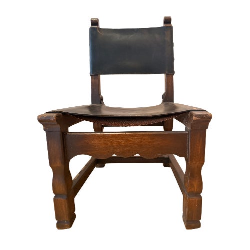 Pair of Vintage Spanish Brutalist Leather & Oak Accent Chairs For Sale - Image 11 of 13