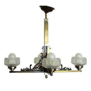 French Art Deco Brass and Satin Glass 4-Light Chandelier, 1920s For Sale