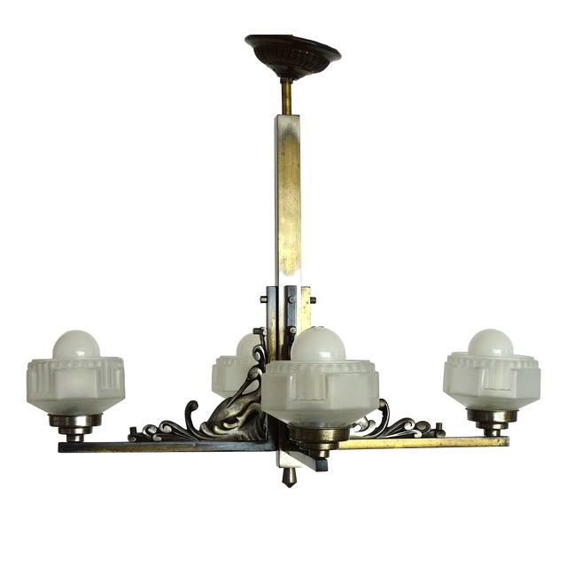 French Art Deco Brass and Satin Glass 4-Light Chandelier, 1920s For Sale