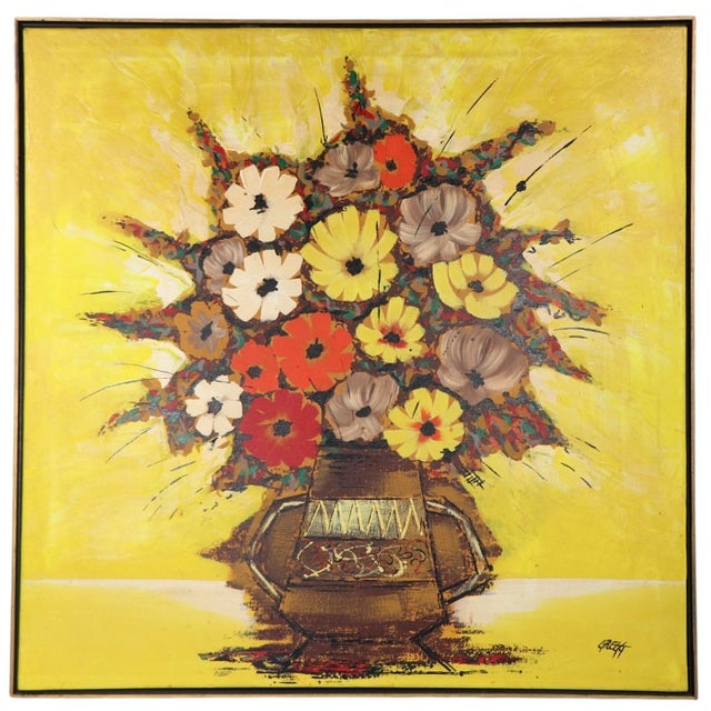 Yellow Post Modern Sofa Art Flower Bouquet Painting C 1970's Signed Gregg For Sale - Image 8 of 10