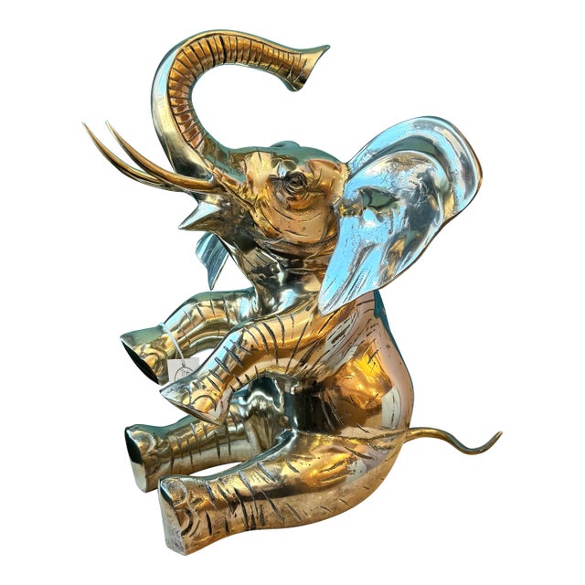 Vintage Extra Large Brass Seated Elephant For Sale