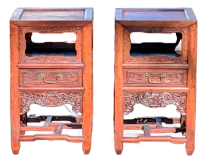 Pair of Mid 20th Century Small Carved Chinese Hardwood Tables "Hungmu" Tea Table