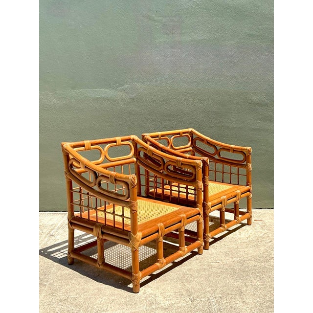 Brown Vintage Loop Rattan Lounge Chairs - A Pair For Sale - Image 8 of 17