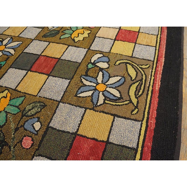 1930s Brown Floral Folk Art Antique American Hooked Rug 3'0" X 4'6" Handknotted Wool Carpet For Sale - Image 4 of 5